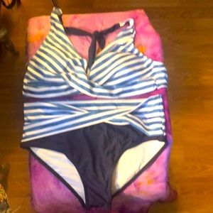 XL blue & white striped bikini